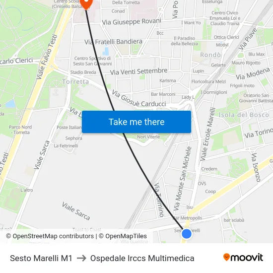 Sesto Marelli M1 to Ospedale Irccs Multimedica map
