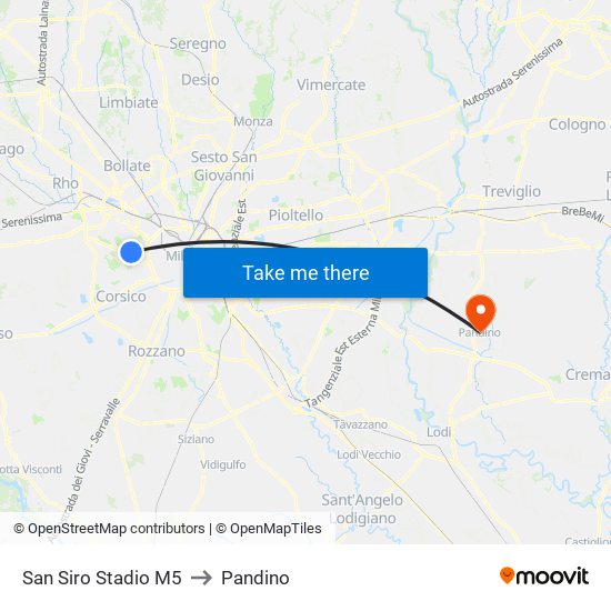 San Siro Stadio M5 to Pandino map