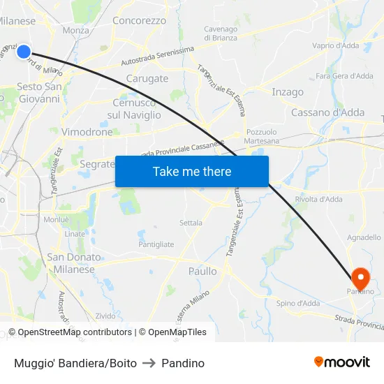 Muggio Bandiera/Boito to Pandino map