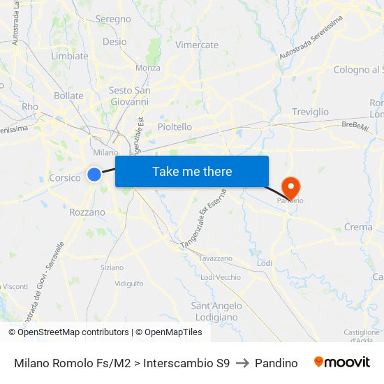 Milano Romolo Fs/M2 > Interscambio S9 to Pandino map