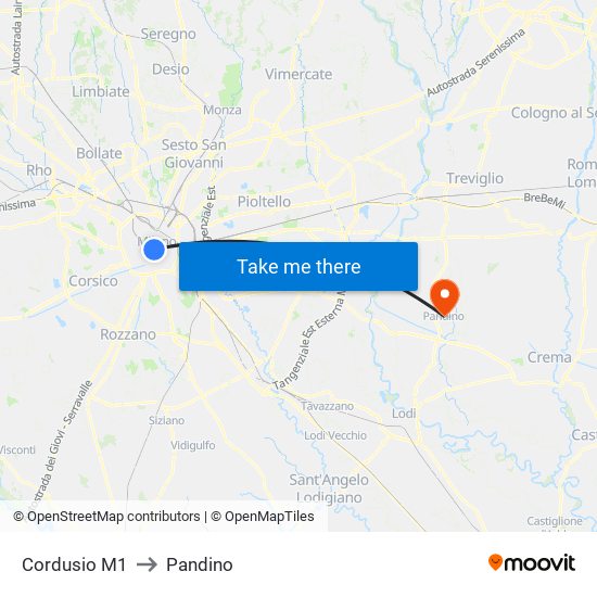 Cordusio M1 to Pandino map