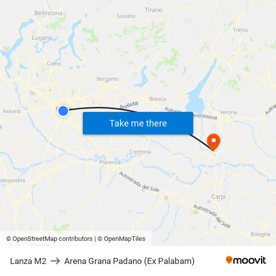 Lanza M2 to Arena Grana Padano (Ex Palabam) map