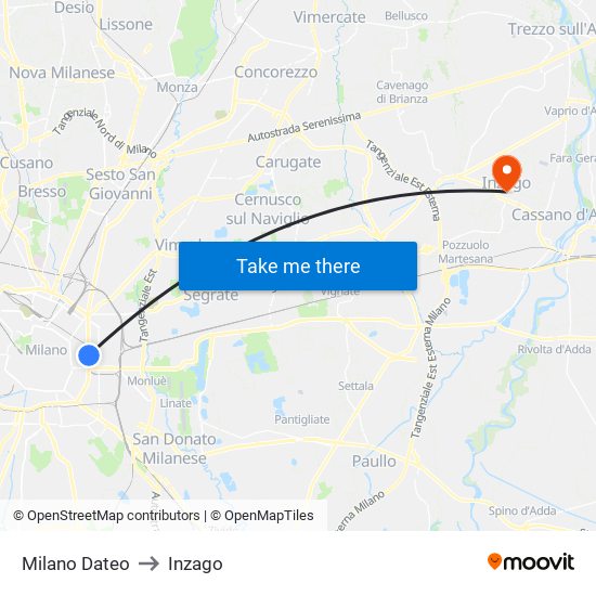 Milano Dateo to Inzago map