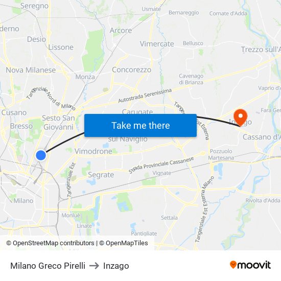 Milano Greco Pirelli to Inzago map
