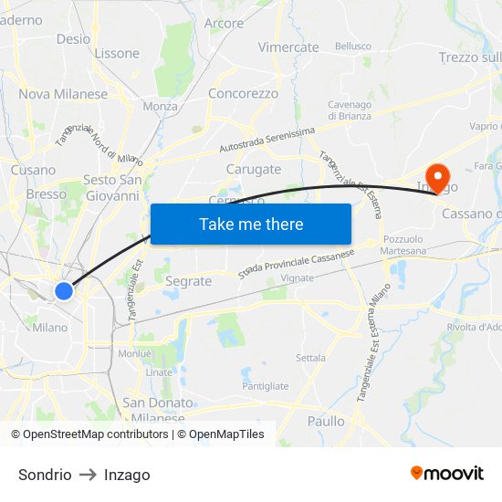 Sondrio to Inzago map