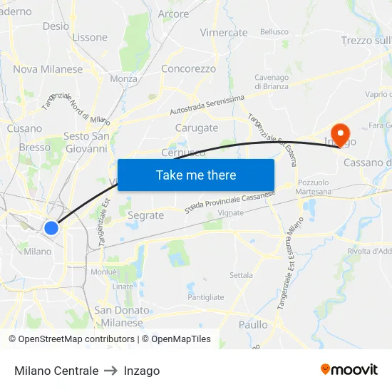 Milano Centrale to Inzago map