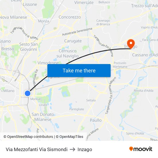 Via Mezzofanti Via Sismondi to Inzago map