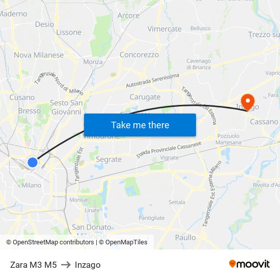 Zara M3 M5 to Inzago map