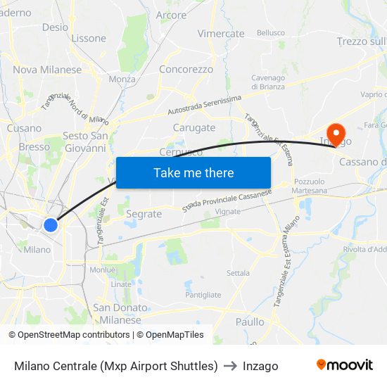 Milano Centrale (Mxp Airport Shuttles) to Inzago map