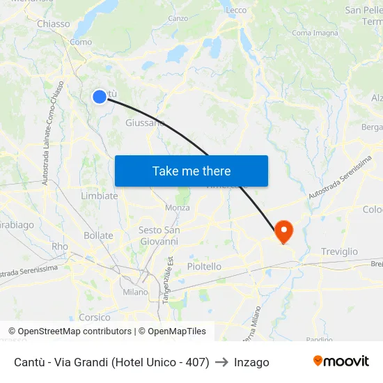 Cantù - Via Grandi (Hotel Unico - 407) to Inzago map