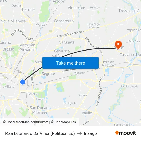 P.za Leonardo Da Vinci (Politecnico) to Inzago map