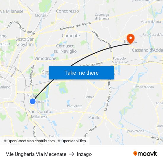 V.le Ungheria Via Mecenate to Inzago map
