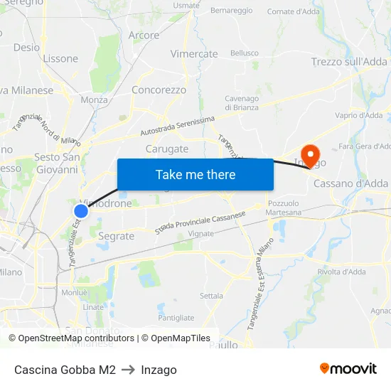 Cascina Gobba M2 to Inzago map