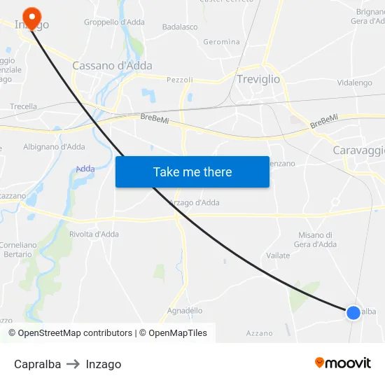 Capralba to Inzago map