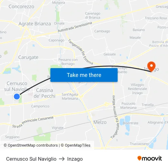Cernusco Sul Naviglio to Inzago map