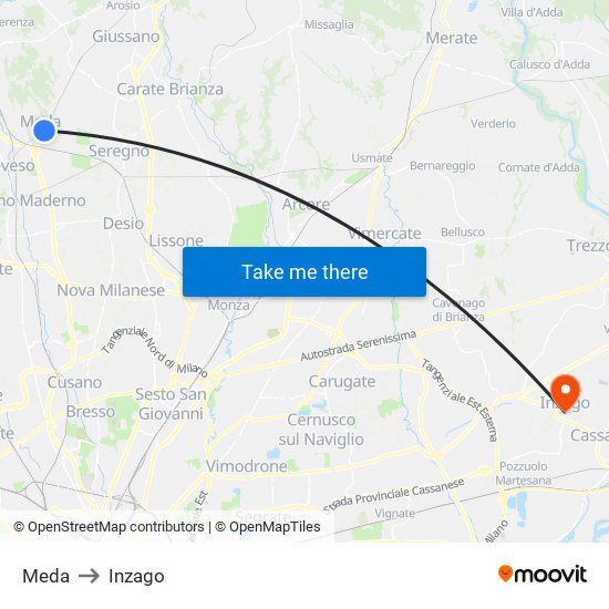 Meda to Inzago map