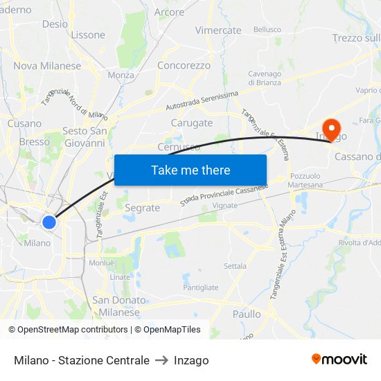 Milano - Stazione Centrale to Inzago map