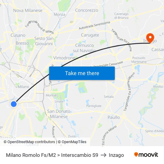 Milano Romolo Fs/M2 > Interscambio S9 to Inzago map