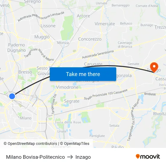 Milan Bovisa-Polytechnic to Inzago map