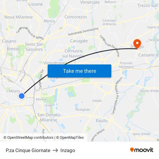 P.za Cinque Giornate to Inzago map