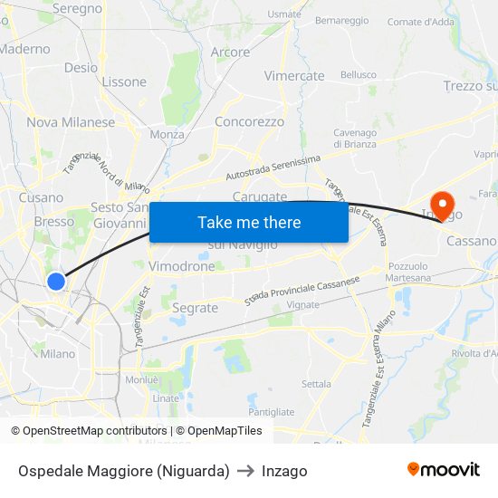 Ospedale Maggiore (Niguarda) to Inzago map