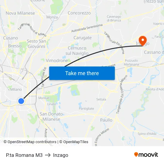 P.ta Romana M3 to Inzago map