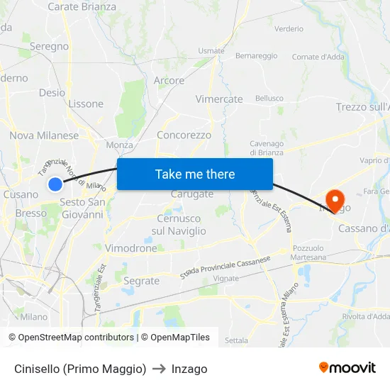 Cinisello (Primo Maggio) to Inzago map