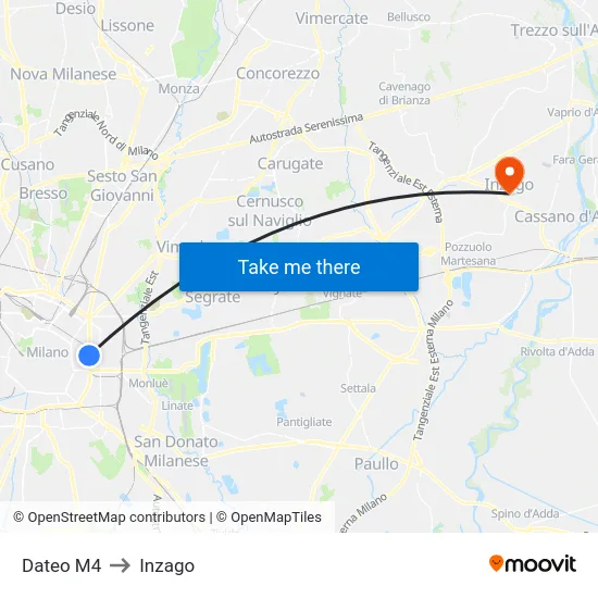 Dateo M4 to Inzago map