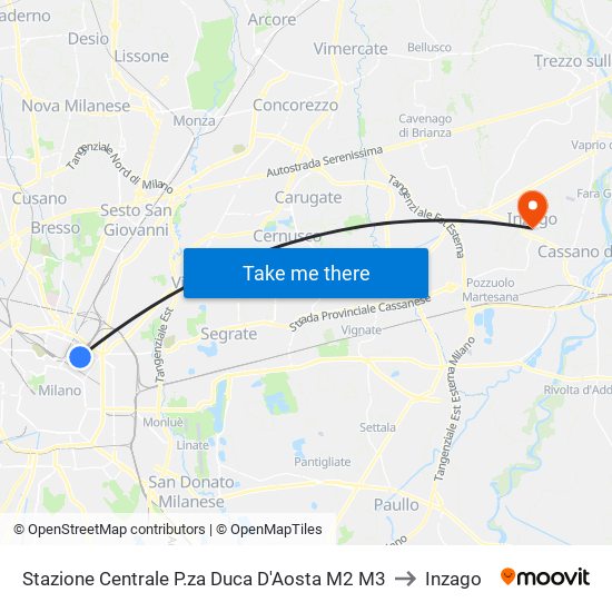 Stazione Centrale P.za Duca D'Aosta M2 M3 to Inzago map