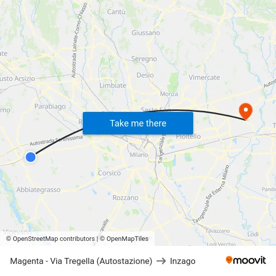 Magenta - Via Tregella (Bus Station) to Inzago map