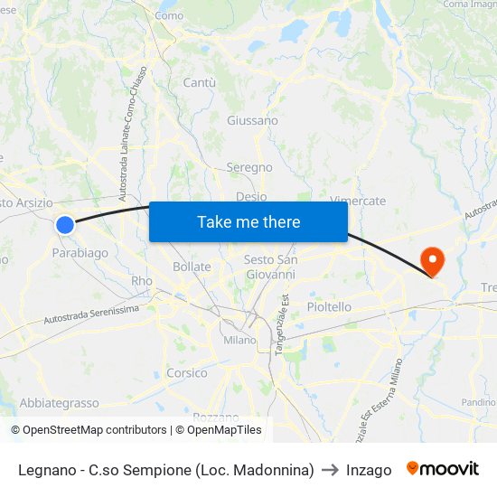 Legnano - C.so Sempione (Loc. Madonnina) to Inzago map