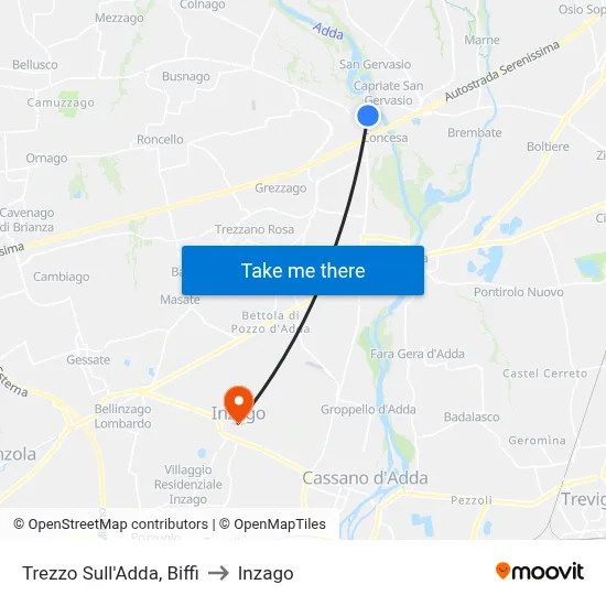 Trezzo Sull'Adda, Biffi to Inzago map