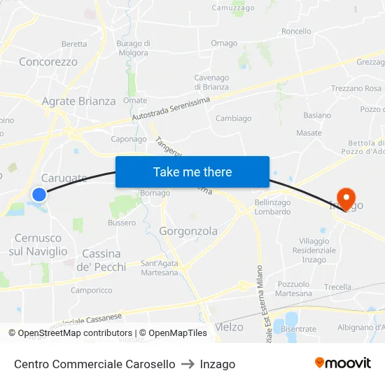 Centro Commerciale Carosello to Inzago map