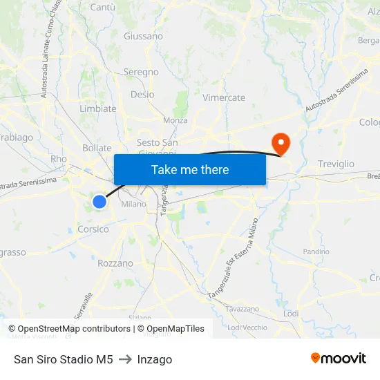 San Siro Stadio M5 to Inzago map