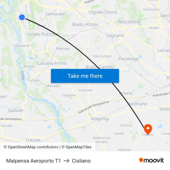 Malpensa Aeroporto T1 to Cisliano map