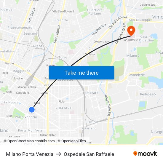 Milano Porta Venezia to Ospedale San Raffaele map