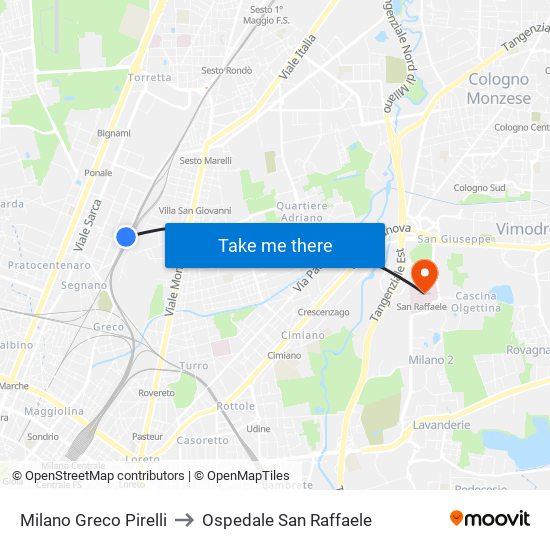 Milano Greco Pirelli to Ospedale San Raffaele map