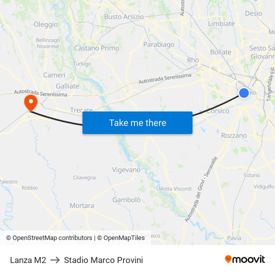 Lanza M2 to Stadio Marco Provini map