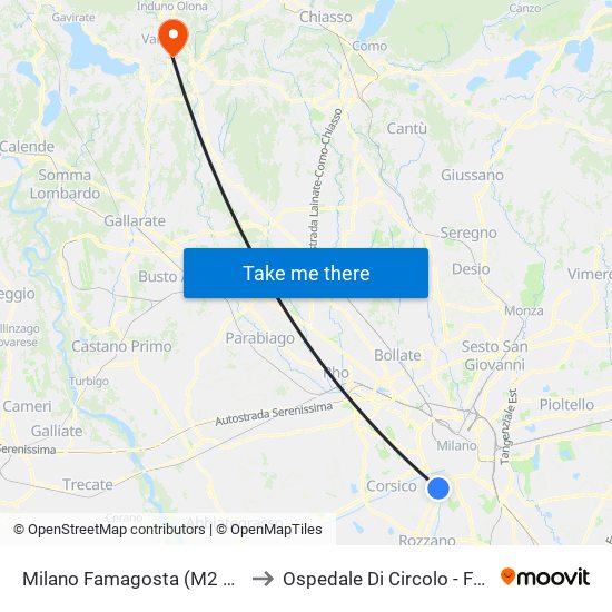 Milano Famagosta (M2 Area Interscambio) to Ospedale Di Circolo - Fondazione Macchi map