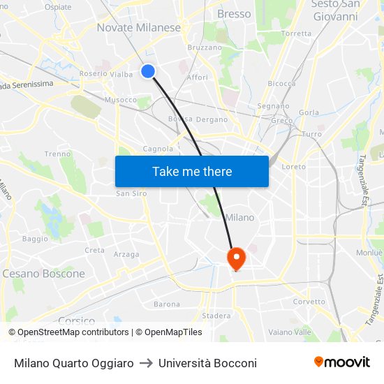 Milano Quarto Oggiaro to Università Bocconi map