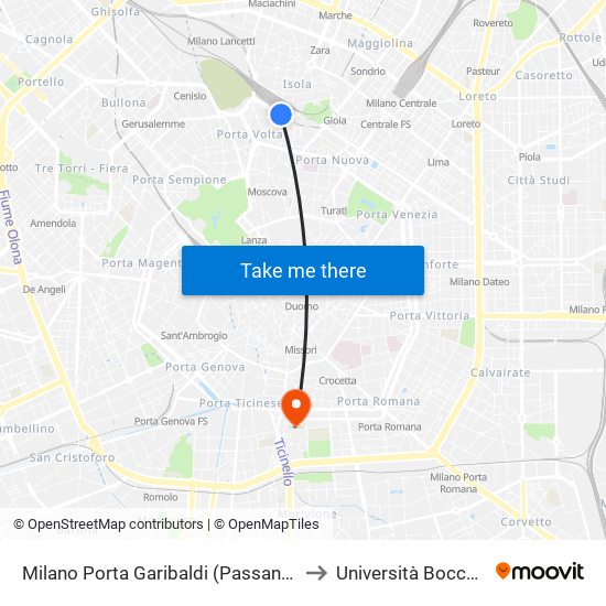 Milano Porta Garibaldi (Passante) to Università Bocconi map