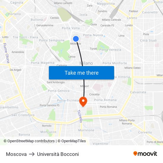 Moscova to Università Bocconi map