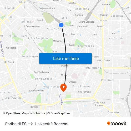 Garibaldi FS to Università Bocconi map