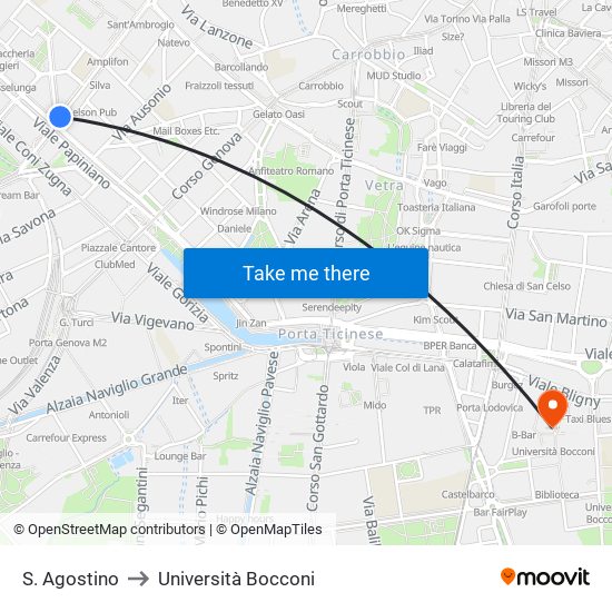 S. Agostino to Università Bocconi map