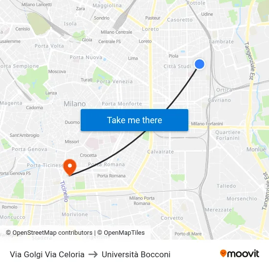 Via Golgi Via Celoria to Università Bocconi map