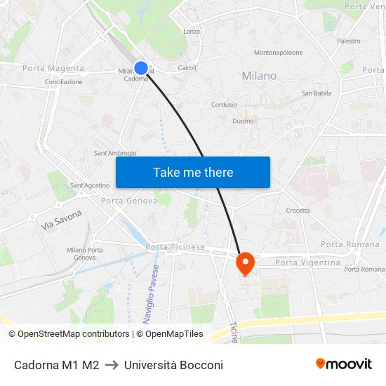 Cadorna M1 M2 to Università Bocconi map