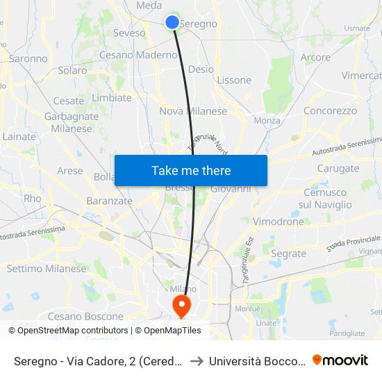 Seregno - Via Cadore, 2 (Ceredo) to Università Bocconi map