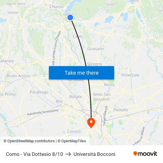 Como - Via Dottesio 8/10 to Università Bocconi map