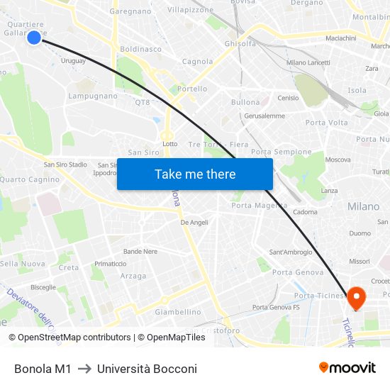 Bonola M1 to Università Bocconi map