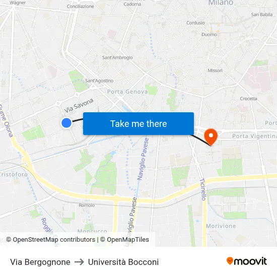 Bergognone Street to Bocconi University map